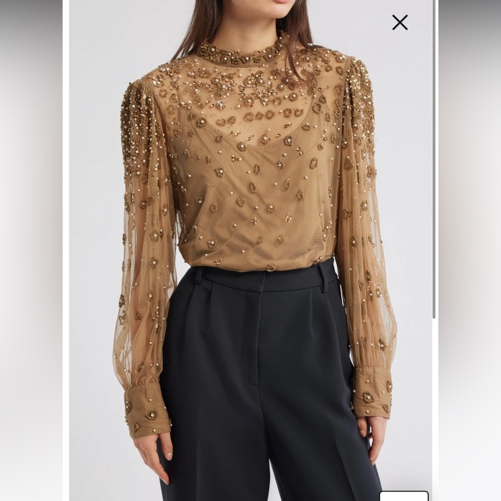 Farm Rio embellished tulle long sleeve blouse in caramel tan beaded